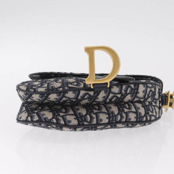 Christian Dior Trotter Canvas Saddle Hand Bag Navy Gold Auth 211731SAM