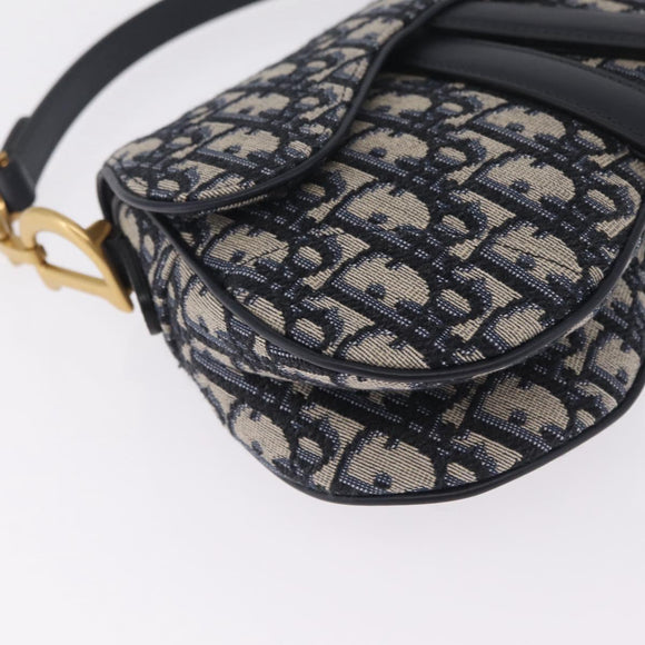 Christian Dior Trotter Canvas Saddle Hand Bag Navy Gold Auth 211731SAM