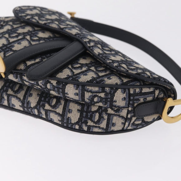 Christian Dior Trotter Canvas Saddle Hand Bag Navy Gold Auth 211731SAM