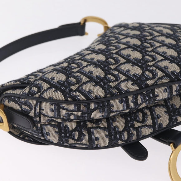 Christian Dior Trotter Canvas Saddle Hand Bag Navy Gold Auth 211731SAM