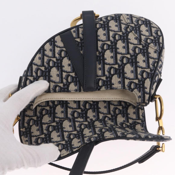 Christian Dior Trotter Canvas Saddle Hand Bag Navy Gold Auth 211731SAM