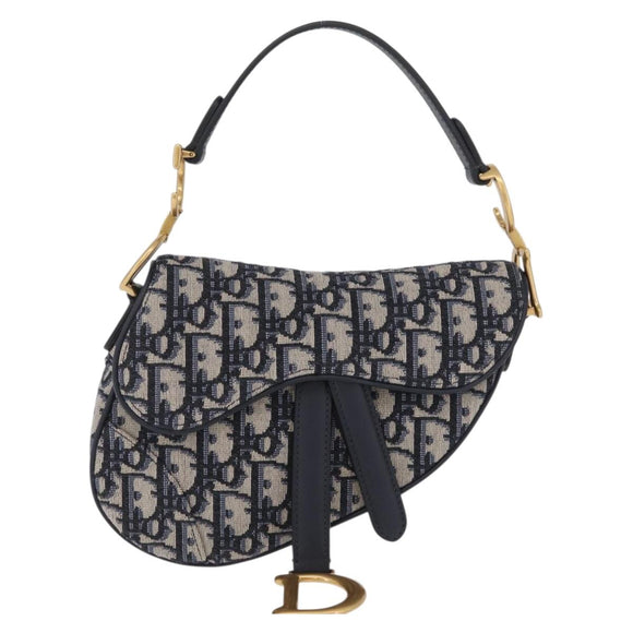 Christian Dior Trotter Canvas Saddle Hand Bag Navy Gold Auth 211731SAM