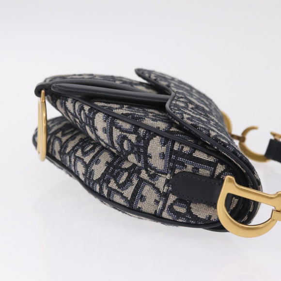 Christian Dior Trotter Canvas Saddle Hand Bag Navy Gold Auth 211731SAM