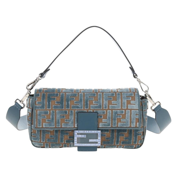 FENDI Zucca Canvas Mamma Baguette Bag 2way Light Blue Silver Auth 211732SM