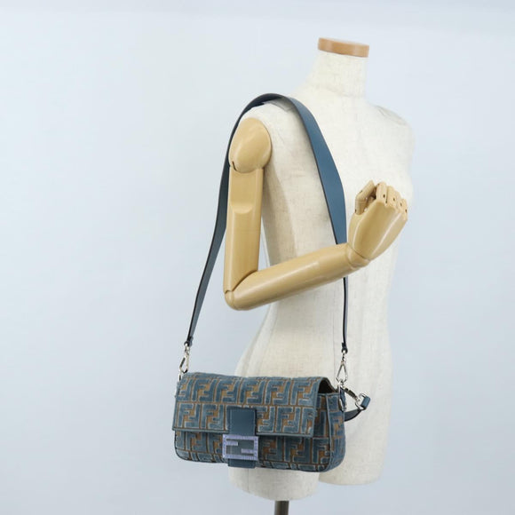 FENDI Zucca Canvas Mamma Baguette Bag 2way Light Blue Silver Auth 211732SM