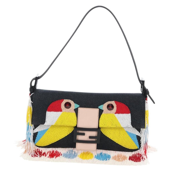 FENDI Mamma Baguette Shoulder Bag Denim Beads Multicolor Auth 211733SM