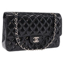 CHANEL Chain Matelasse25 Bag Patent Leather Black Silver CC Auth 211734V-1