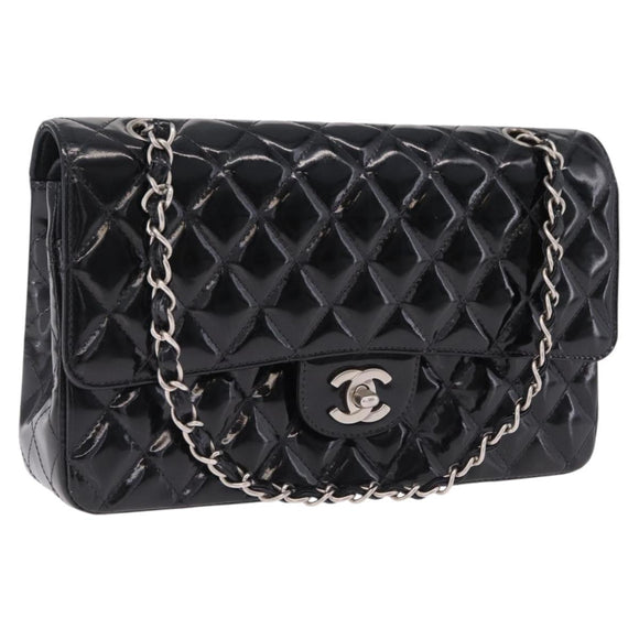 CHANEL Chain Matelasse25 Bag Patent Leather Black Silver CC Auth 211734V