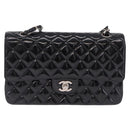 CHANEL Chain Matelasse25 Bag Patent Leather Black Silver CC Auth 211734V-2