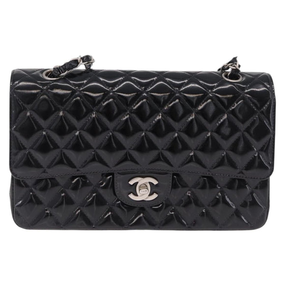 CHANEL Chain Matelasse25 Bag Patent Leather Black Silver CC Auth 211734V