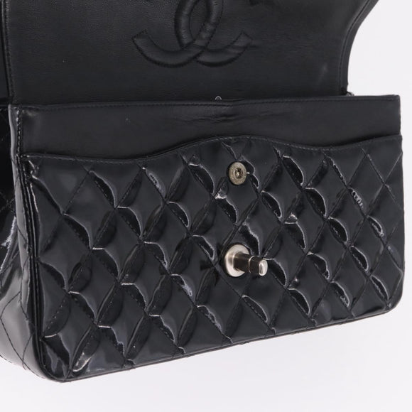 CHANEL Chain Matelasse25 Bag Patent Leather Black Silver CC Auth 211734V