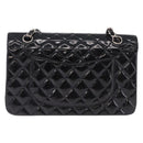 CHANEL Chain Matelasse25 Bag Patent Leather Black Silver CC Auth 211734V-3