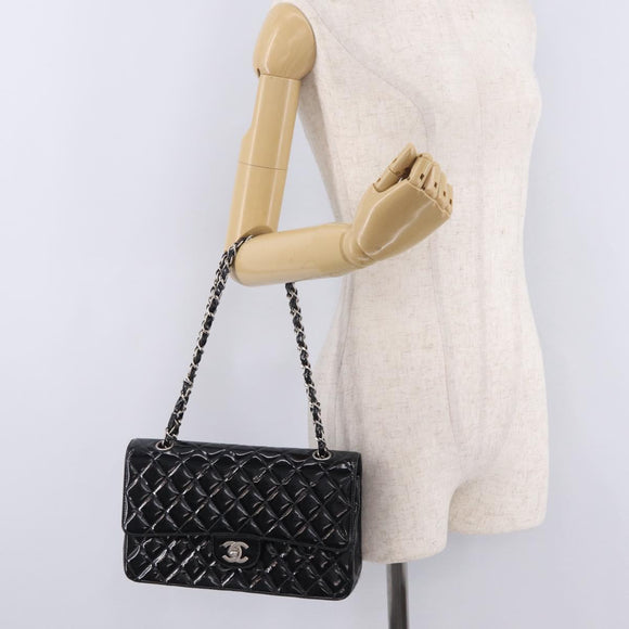 CHANEL Chain Matelasse25 Bag Patent Leather Black Silver CC Auth 211734V