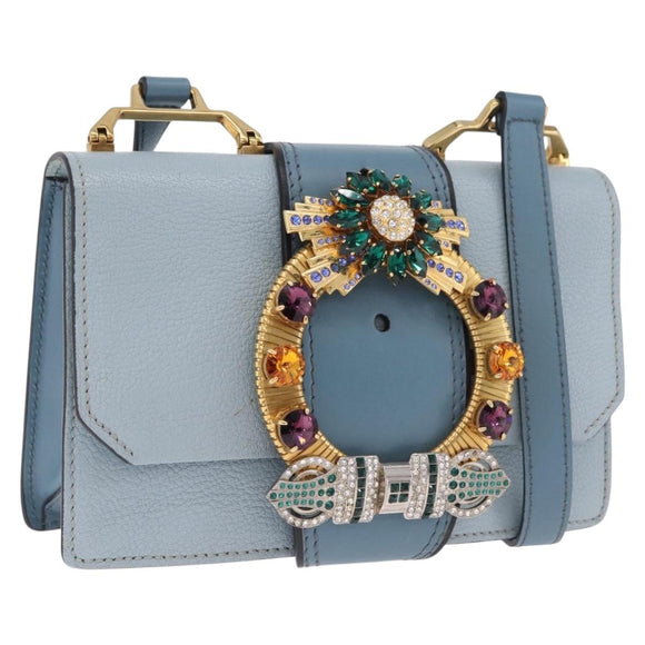 Miu Miu Madras Shoulder Bag Leather Light Blue Gold Auth 211735A