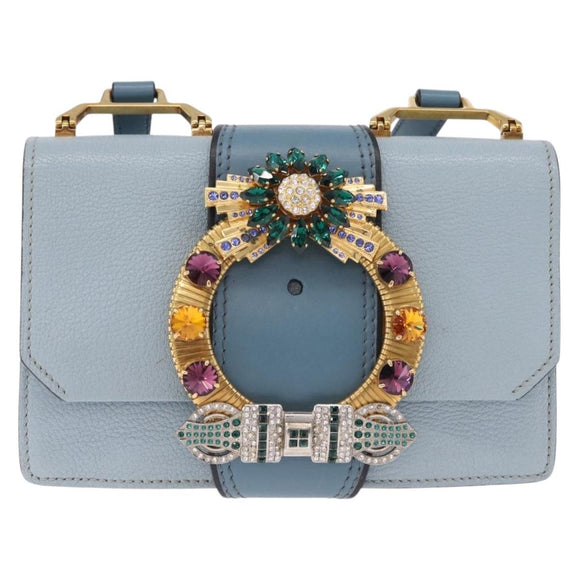 Miu Miu Madras Shoulder Bag Leather Light Blue Gold Auth 211735A