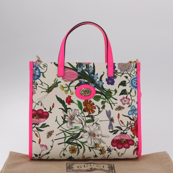 GUCCI Flora Hand Bag Canvas 2way Beige Gold 550141 Auth 211784V