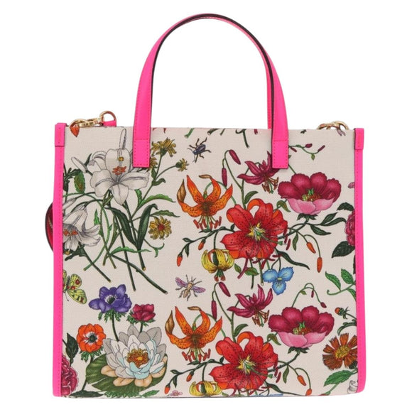 GUCCI Flora Hand Bag Canvas 2way Beige Gold 550141 Auth 211784V
