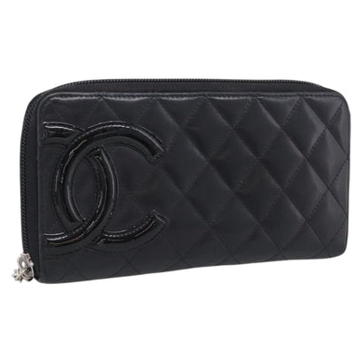 CHANEL Matelasse Cambon Line Long Wallet Lamb Skin Black Silver CC Auth 211852A