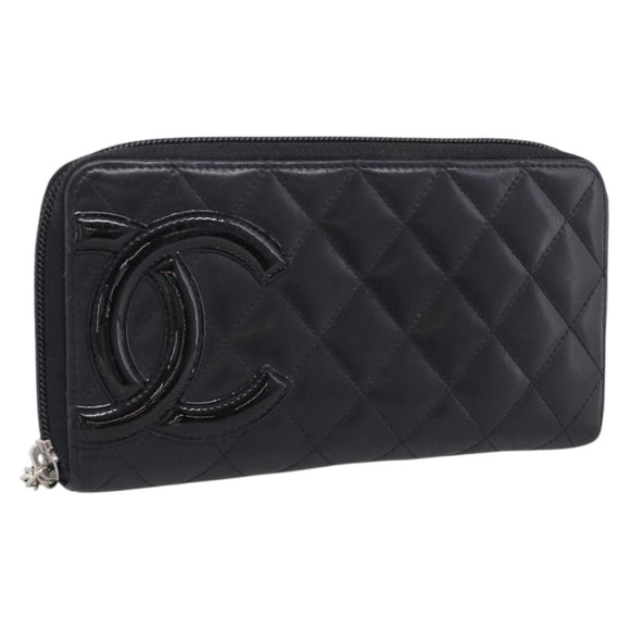 CHANEL Matelasse Cambon Line Long Wallet Lamb Skin Black Silver CC Auth 211852A