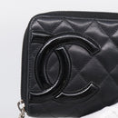 CHANEL Matelasse Cambon Line Long Wallet Lamb Skin Black Silver CC Auth 211852A-14