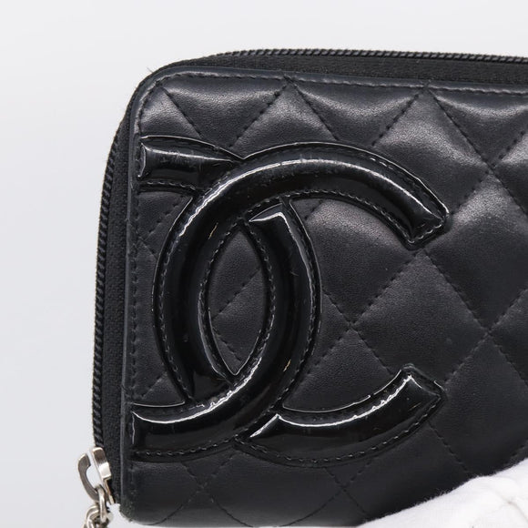 CHANEL Matelasse Cambon Line Long Wallet Lamb Skin Black Silver CC Auth 211852A
