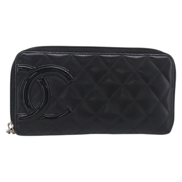 CHANEL Matelasse Cambon Line Long Wallet Lamb Skin Black Silver CC Auth 211852A