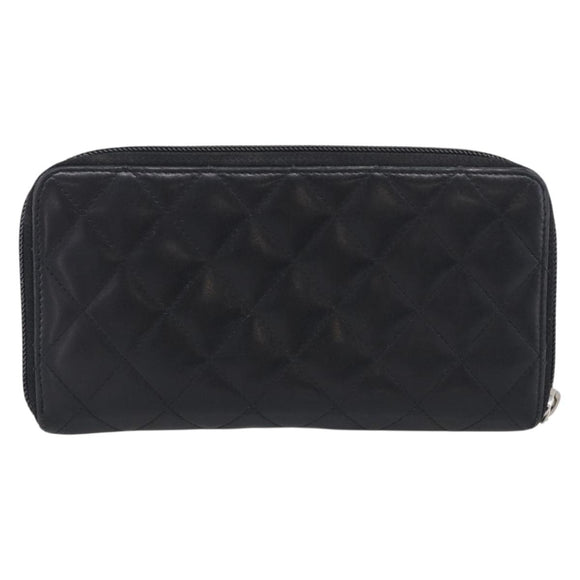 CHANEL Matelasse Cambon Line Long Wallet Lamb Skin Black Silver CC Auth 211852A