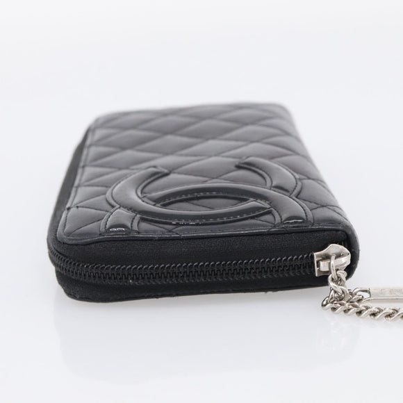 CHANEL Matelasse Cambon Line Long Wallet Lamb Skin Black Silver CC Auth 211852A