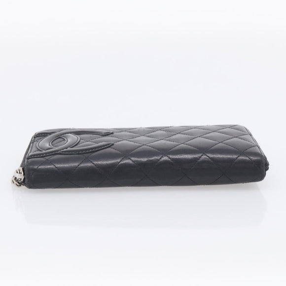 CHANEL Matelasse Cambon Line Long Wallet Lamb Skin Black Silver CC Auth 211852A