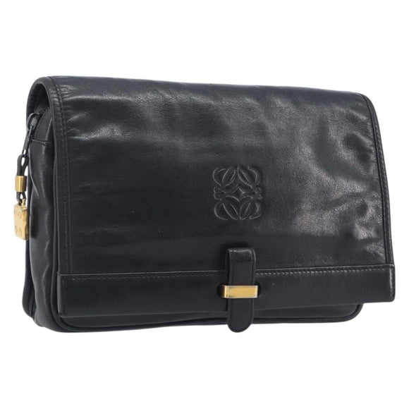 LOEWE Anagram Clutch Bag Leather Black Gold Auth 211871A