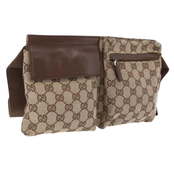 GUCCI GG Canvas Waist Bag Beige Silver 28566 Auth 211883