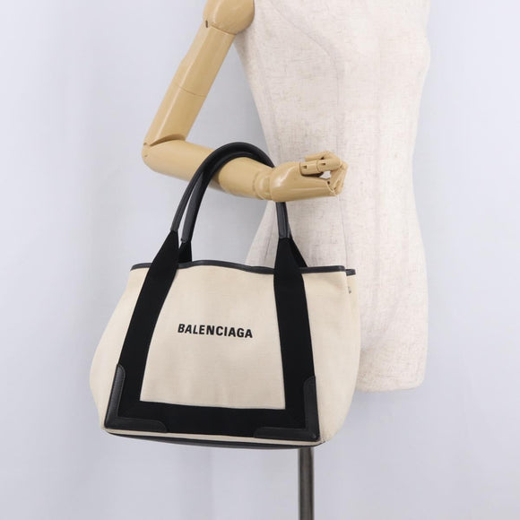 Balenciaga Navy Cabas S Hand Bag Canvas White Silver 339933 Auth 211886