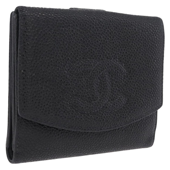 CHANEL Bifold Wallet Caviar Skin Black Gold CC Auth 211888M