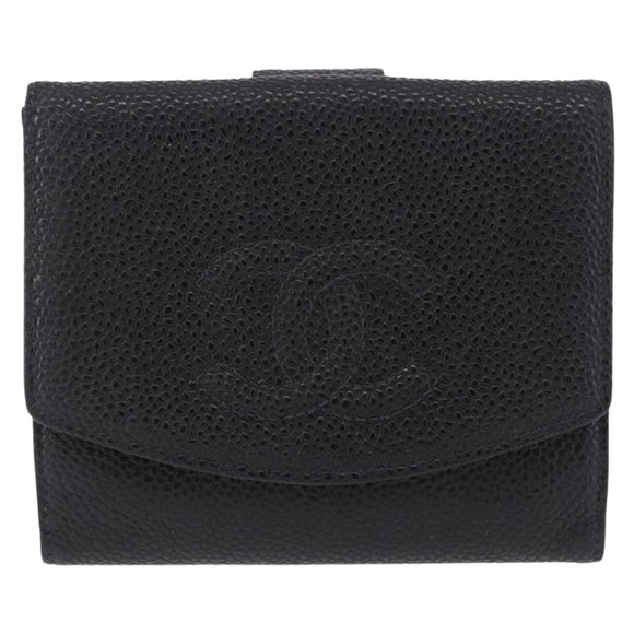 CHANEL Bifold Wallet Caviar Skin Black Gold CC Auth 211888M