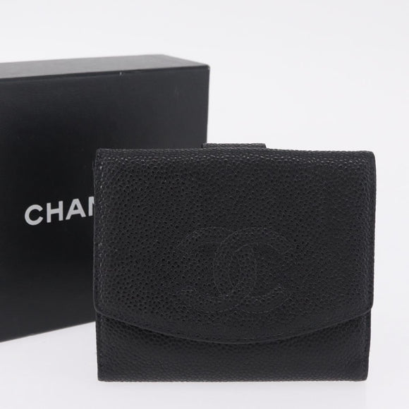 CHANEL Bifold Wallet Caviar Skin Black Gold CC Auth 211888M