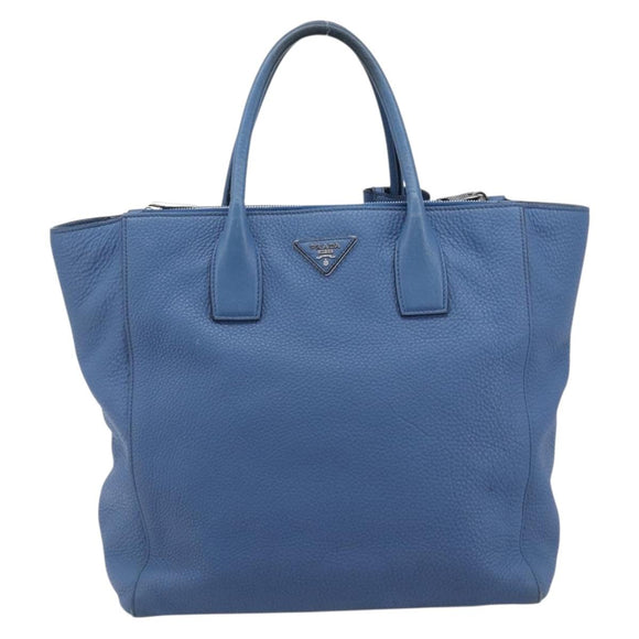 PRADA Tote Bag Leather Blue Silver Auth 211890