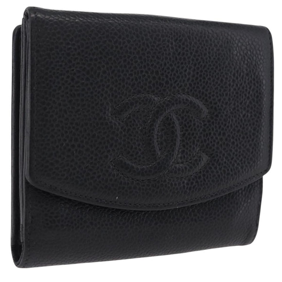 CHANEL Bifold Wallet Caviar Skin Black Gold CC Auth 211906A