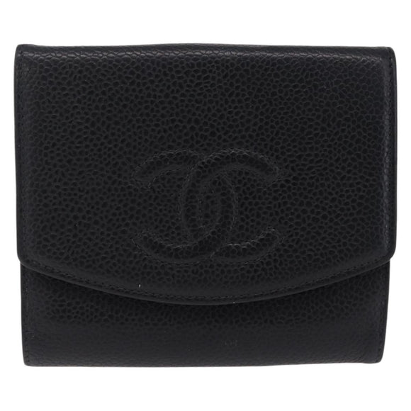 CHANEL Bifold Wallet Caviar Skin Black Gold CC Auth 211906A