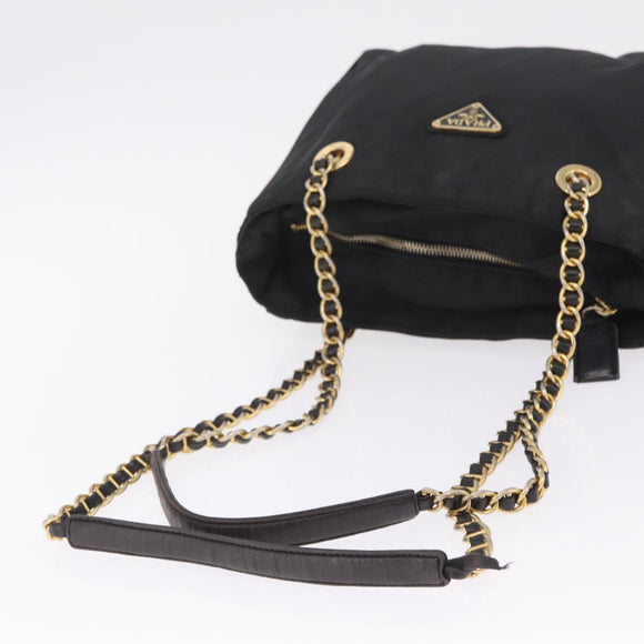 PRADA Chain Shoulder Bag Nylon Black Gold Auth 211942