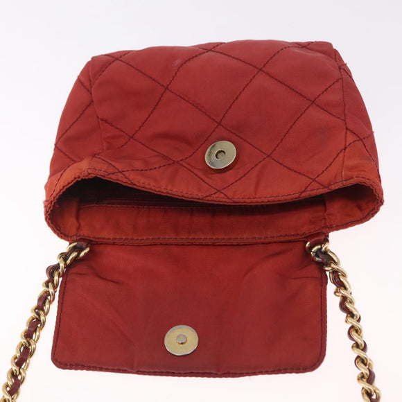 PRADA Chain Shoulder Bag Nylon Red Gold Auth 211952