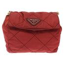 PRADA Chain Shoulder Bag Nylon Red Gold Auth 211952-2