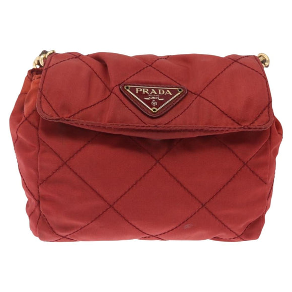 PRADA Chain Shoulder Bag Nylon Red Gold Auth 211952