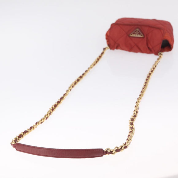 PRADA Chain Shoulder Bag Nylon Red Gold Auth 211952