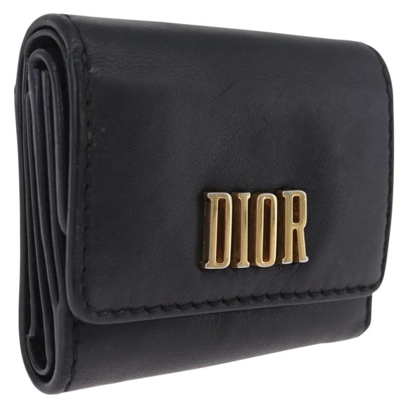 Christian Dior Trifold Wallet Leather Black Gold Auth 211978A