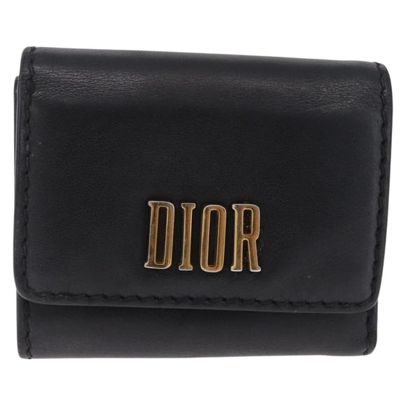 Christian Dior Trifold Wallet Leather Black Gold Auth 211978A