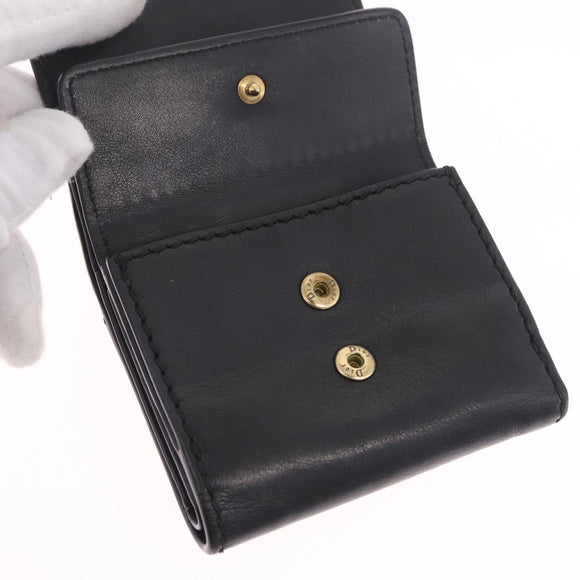 Christian Dior Trifold Wallet Leather Black Gold Auth 211978A