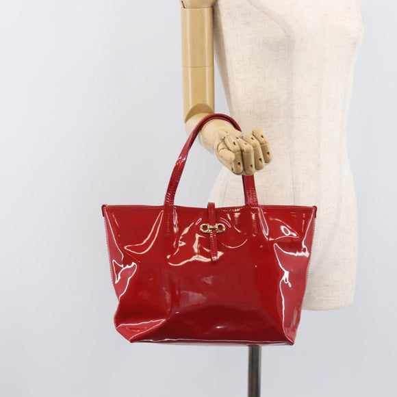 Salvatore Ferragamo Gancini Tote Bag Patent Leather Red Gold Auth 211993