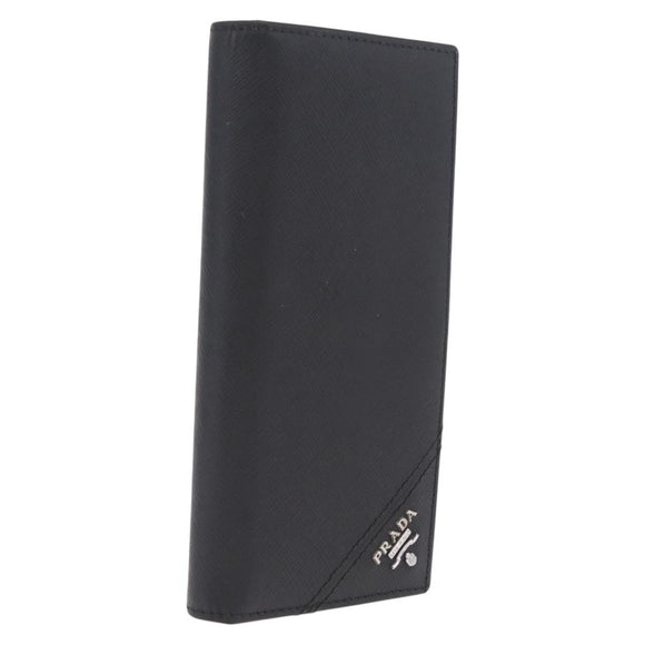 PRADA Long Wallet Safiano Leather Black Silver Auth 211994A