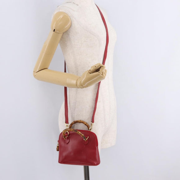 GUCCI Bamboo Hand Bag Leather 2way Red Gold 007 2032 0231 Auth 212032