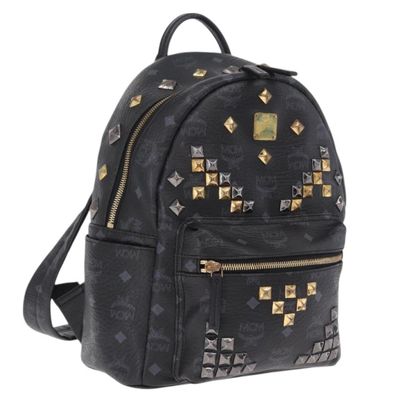 MCM Vicetos Logogram Studs Backpack Leather Black Gold Silver Auth 212042